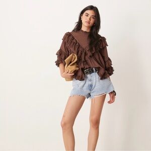 ASOS DESIGN ruffle floaty blouse with lace trim in brown Boho Relaxed Fit